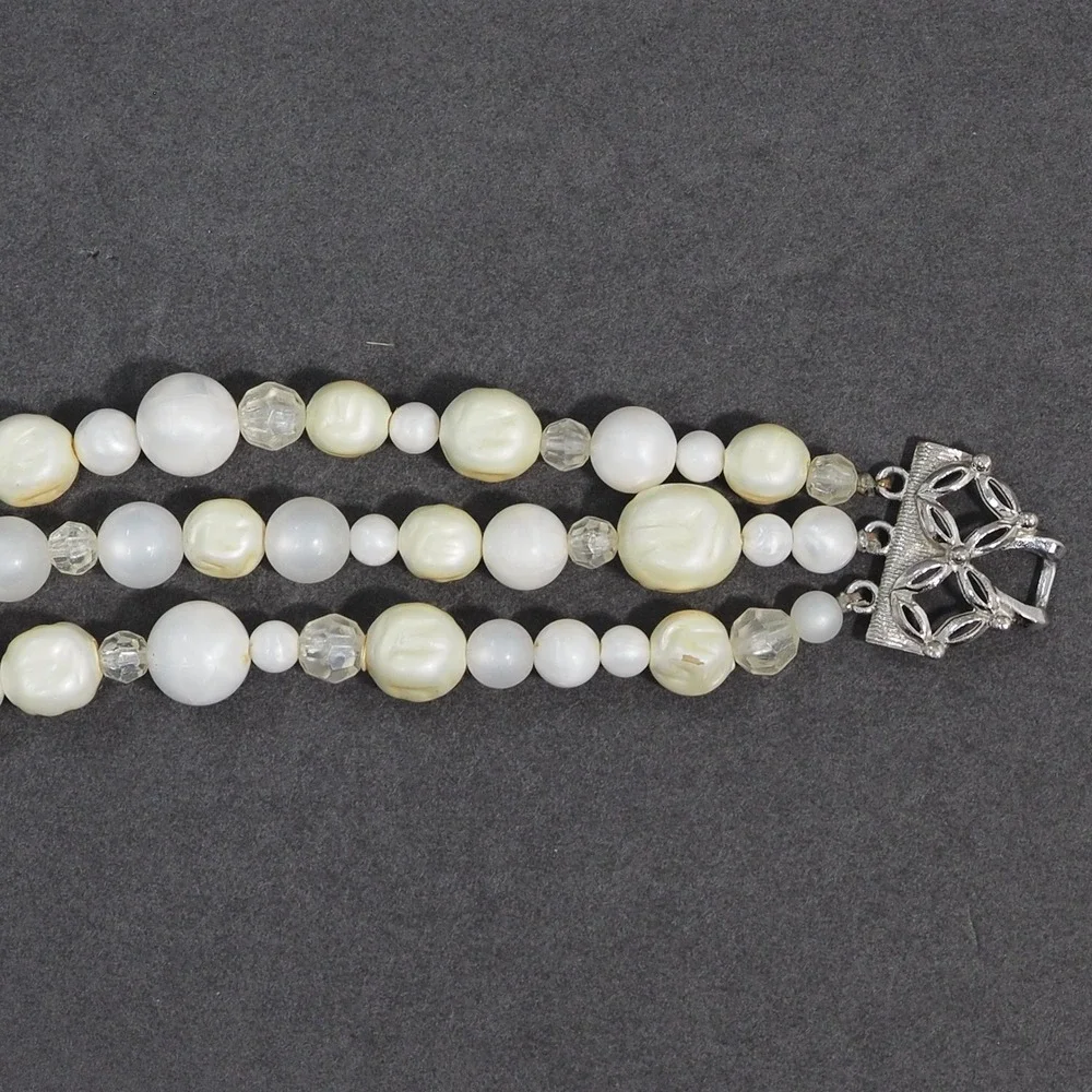 Vintage Coro Triple Strand Faux Baroque Pearl Bead Bracelet Silver Tone MCM
